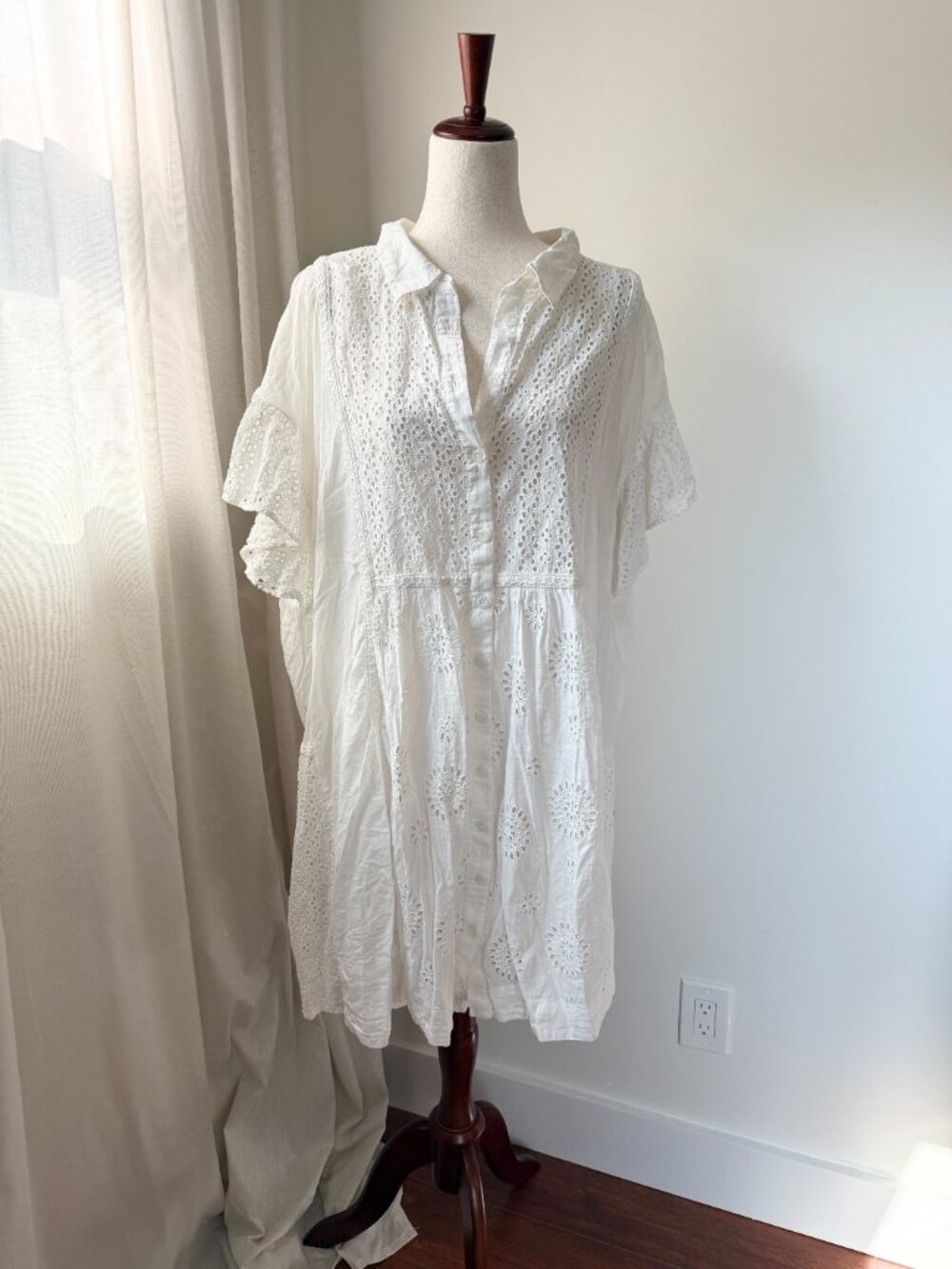Anthropologie Eyelet Embroidered Babydoll Dress Ruffle Sleeve White 2X - Picture 2 of 8